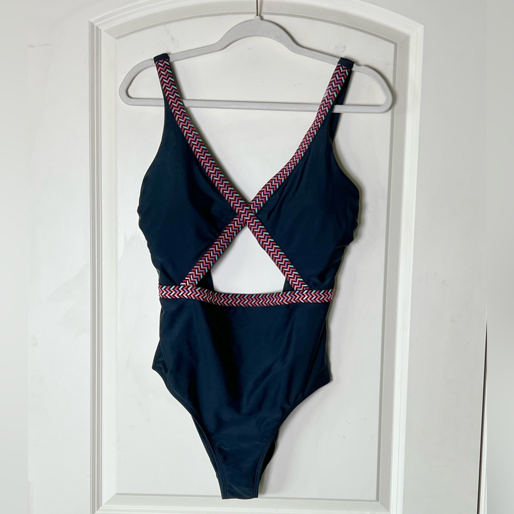 Xhilaration Black Cut Out One Piece Swimsuit Large Boho Embroidered Swimwear
